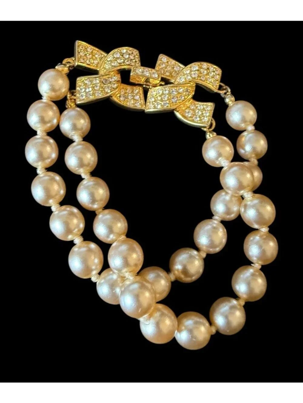 Vintage KJL Kenneth Jay Lane Pave Rhinestone Cream Pearls Bead Bracelet 7" - Picture 2 of 7